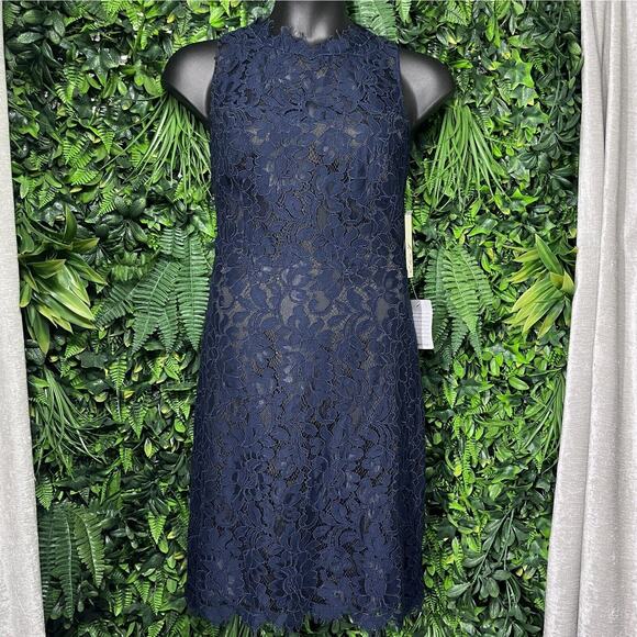 ELIZA J Dress Women 16 Blue High Neck Floral Eye Lash Lace Cocktail NWT 2289 - Picture 7 of 8